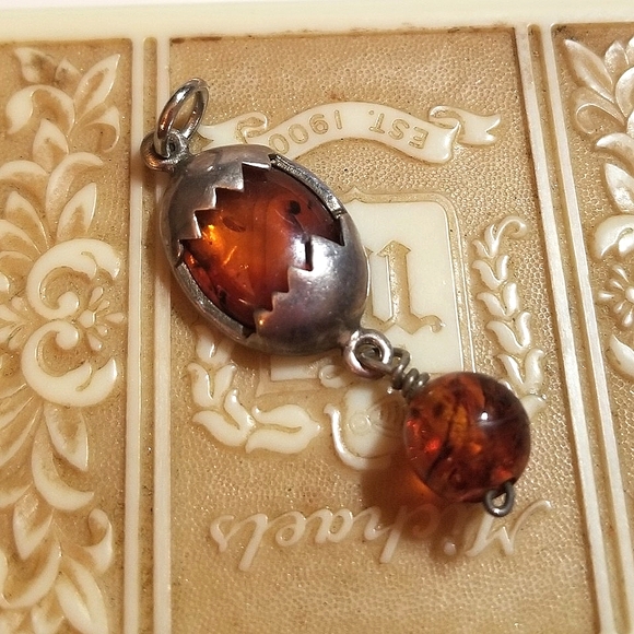 Antique Jewelry - Antique Baltic Amber Sterling Silver Egg Pendant